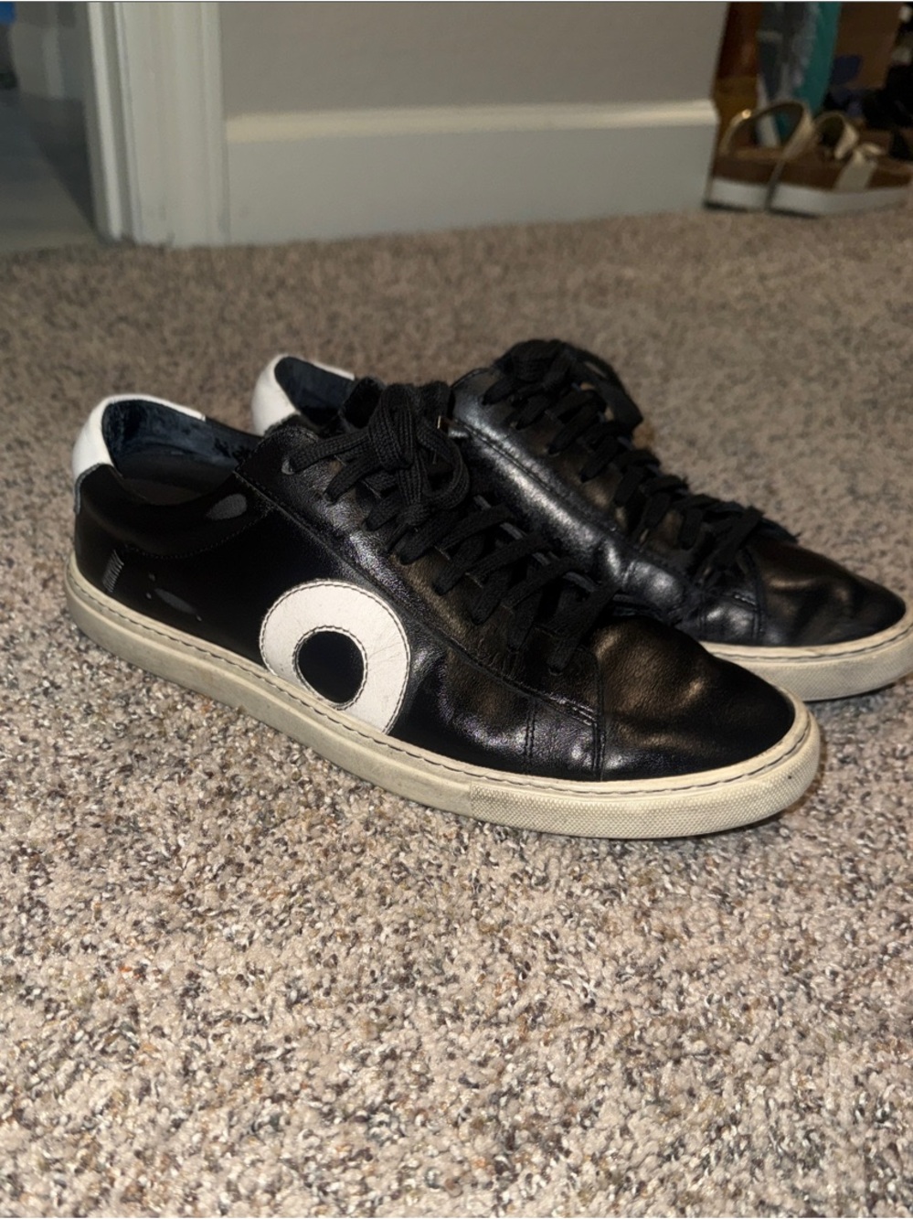 Oliver Cabell Black Leather Low-Top Sneakers with White Circle Accent